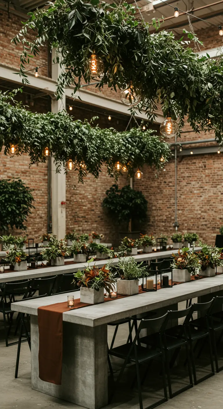 Industriële hal met betonnen tafels, groene planten en hangende takken met lichtslingers