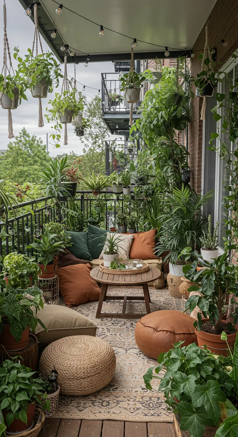 Weelderig groen balkon met een lage houten bank, veel planten, kussens en ronde poefs.