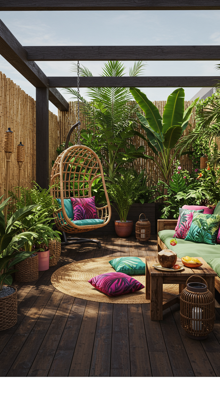 Rotan hangstoel in een tropische setting met veel planten, houten vlonders en kleurrijke kussens.