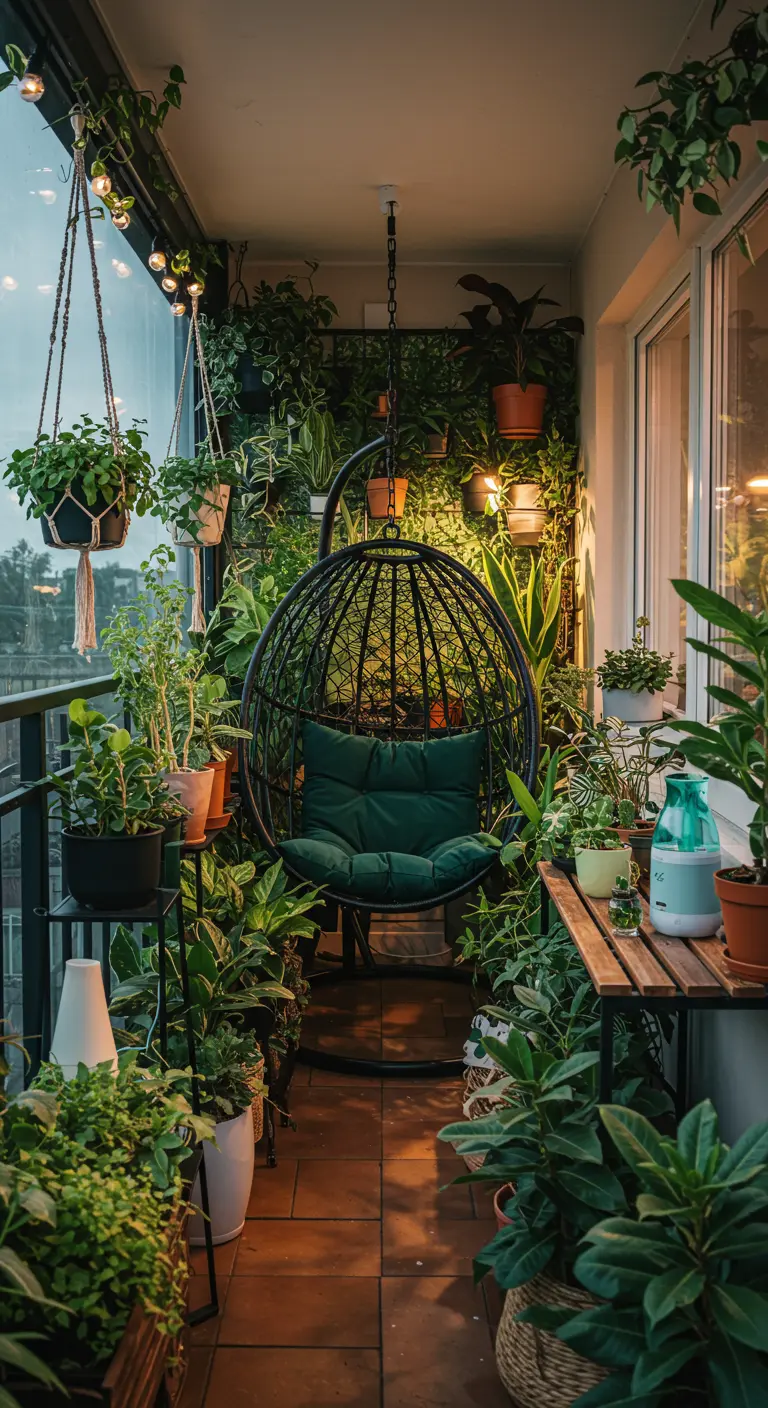 Zwarte metalen hangstoel op balkon omringd door zeer veel groene planten.