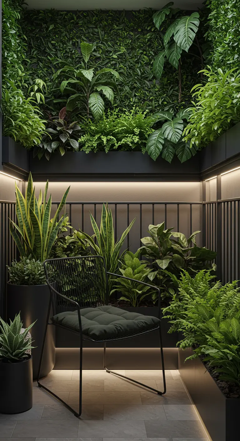 Modern, donker balkon met groene wand, zwarte designstoel en sfeervolle LED-verlichting.