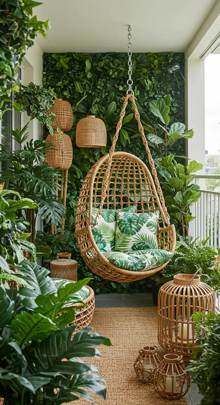 Sfeervol balkon 19 met rotan hangstoel omringd door een overvloed aan planten