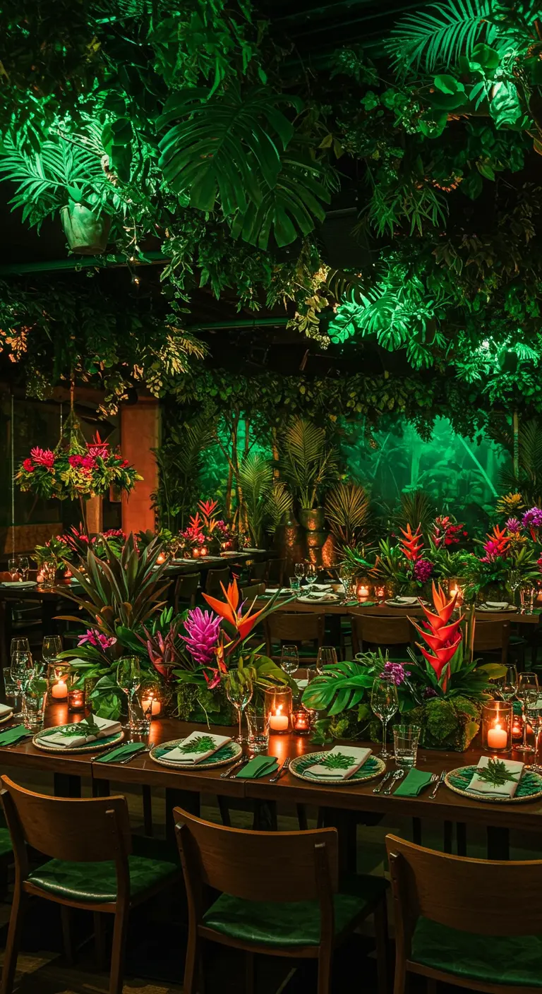 Eetkamer omgetoverd tot jungle met overvloedige planten en groene sfeerverlichting.