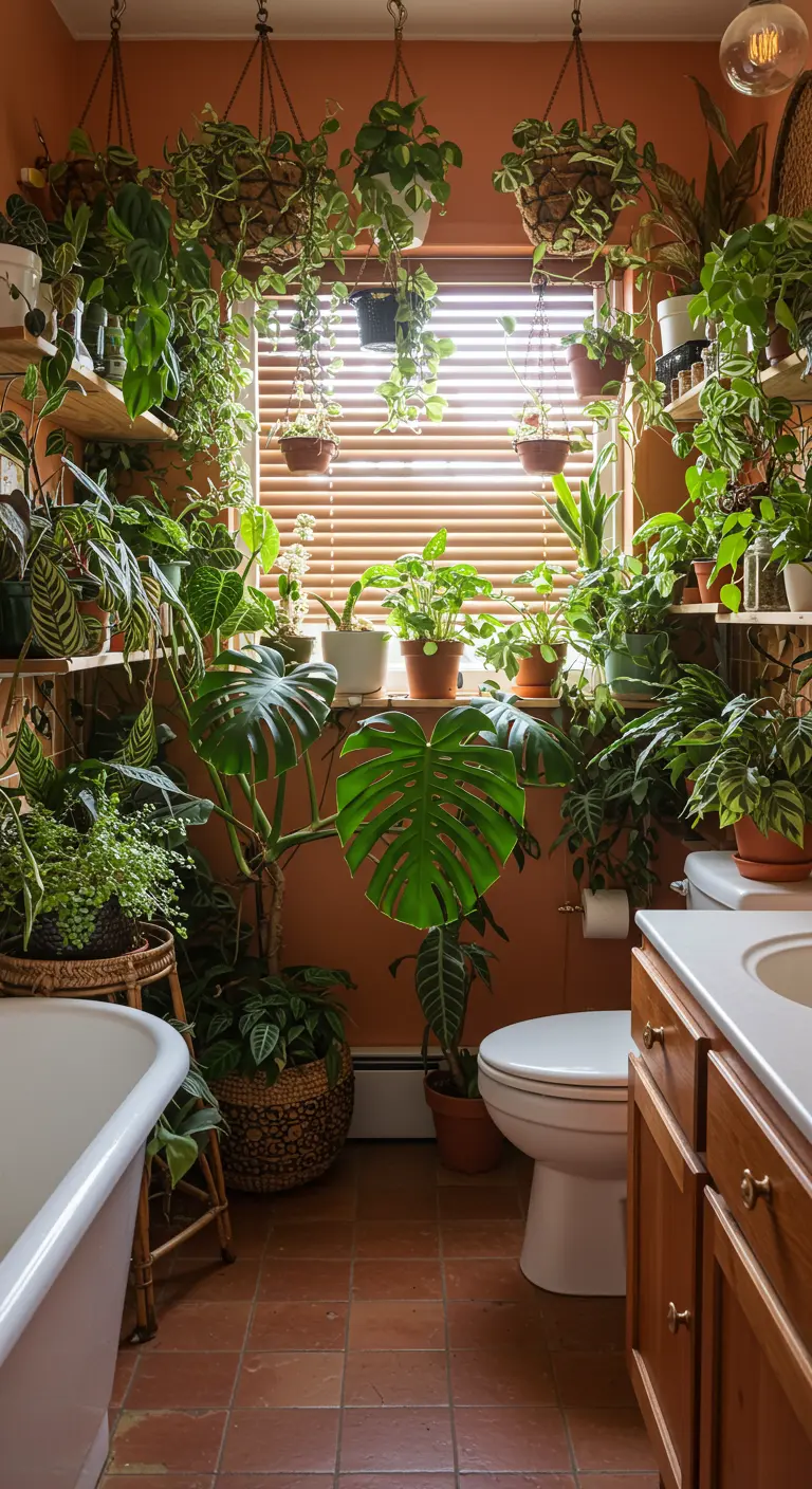 Overvolle badkamer met een enorme hoeveelheid diverse planten op planken, vloer en hangend.