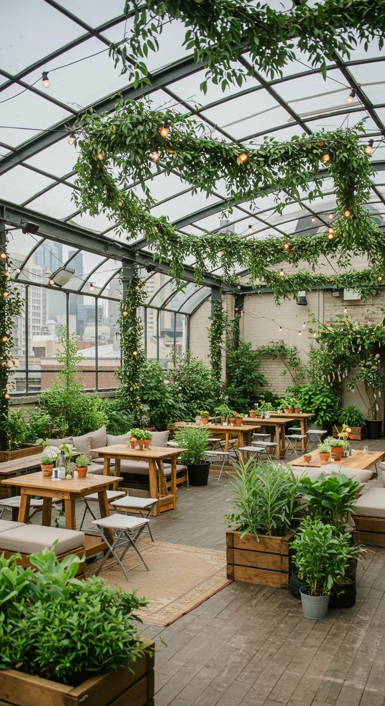 Feestruimte op dakterras met veel planten, groene muren en lichtslingers.