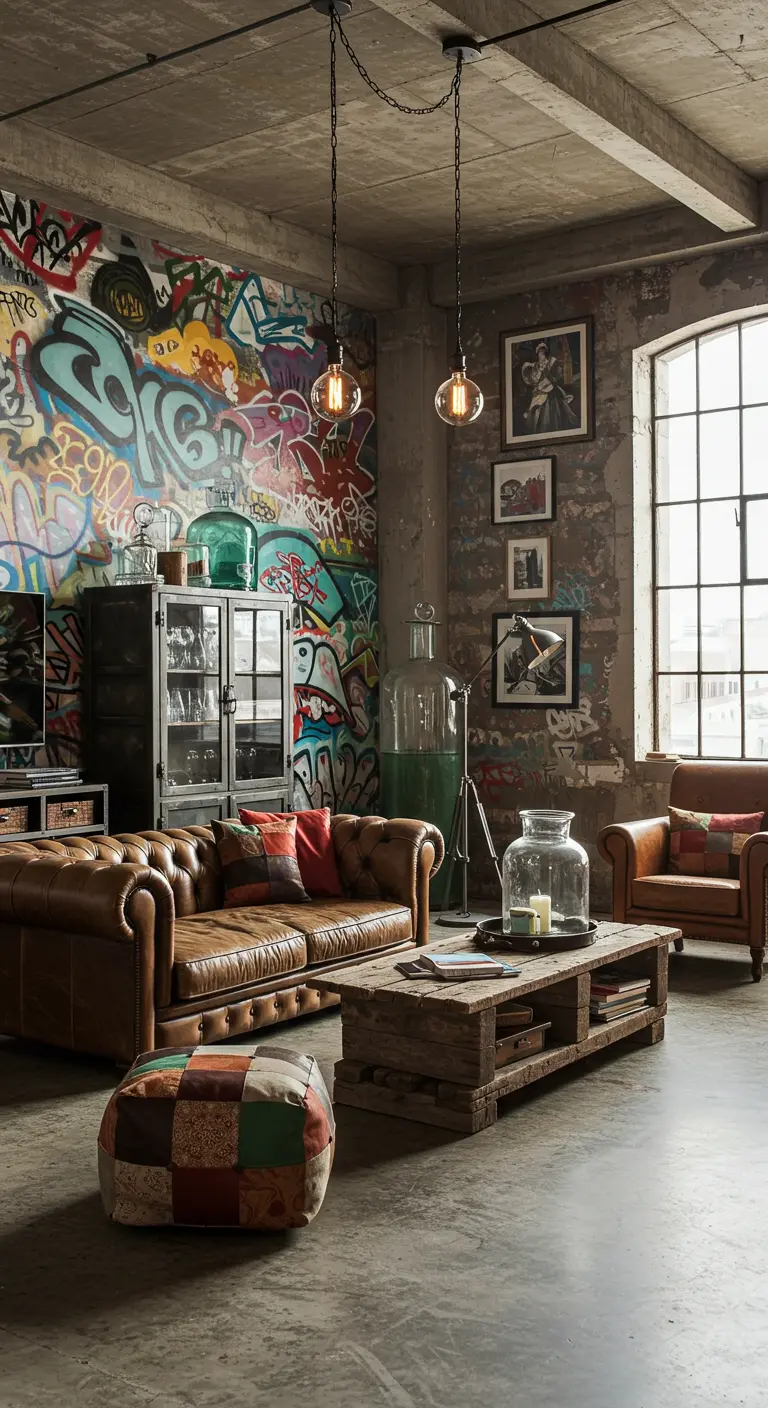 Industriële loft met graffiti muur, leren chesterfield bank en metalen vitrinekast.