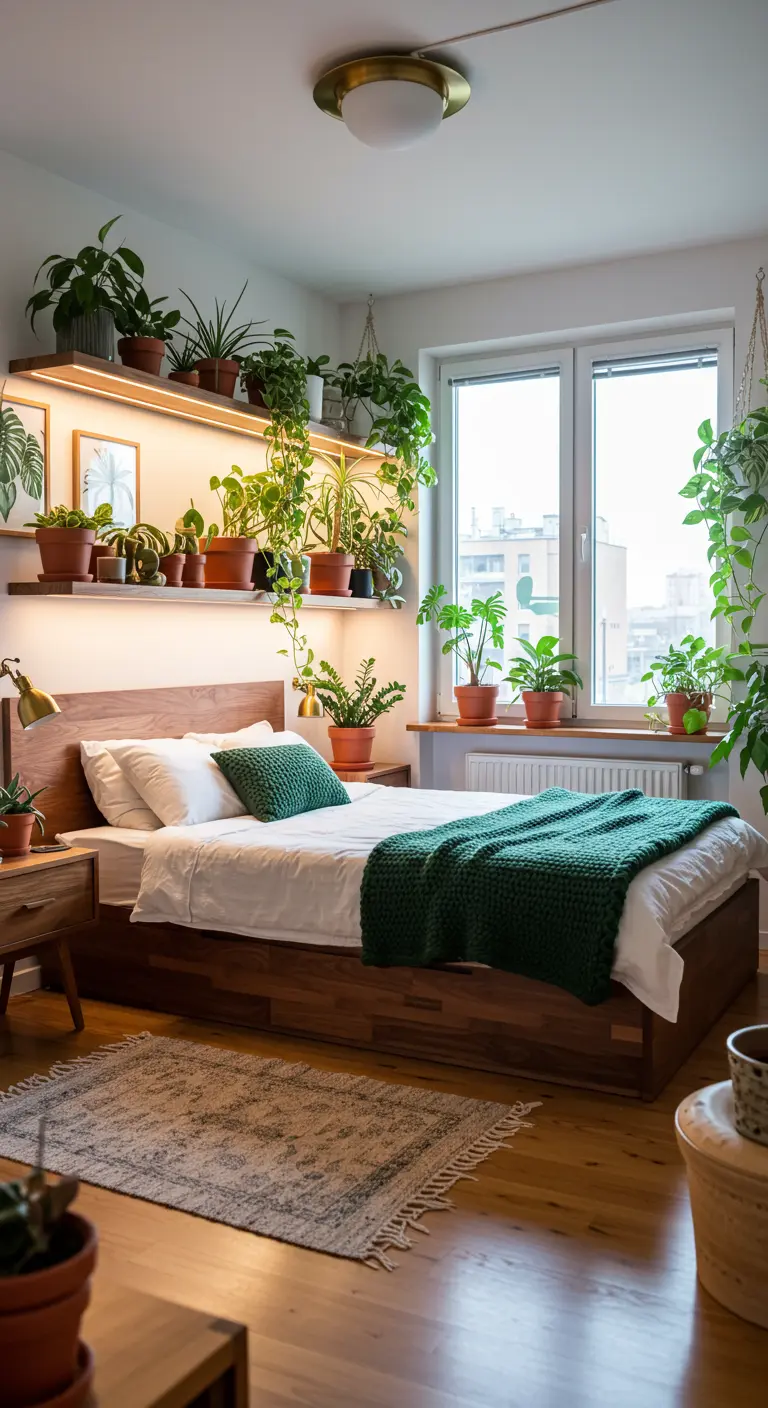 Slaapkamer met veel planten op planken boven het bed, houten details.