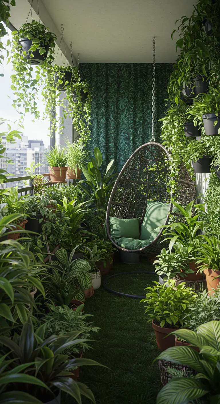 Balkon vol planten met een donkere hangstoel en gordijnen met tropische bladprint.