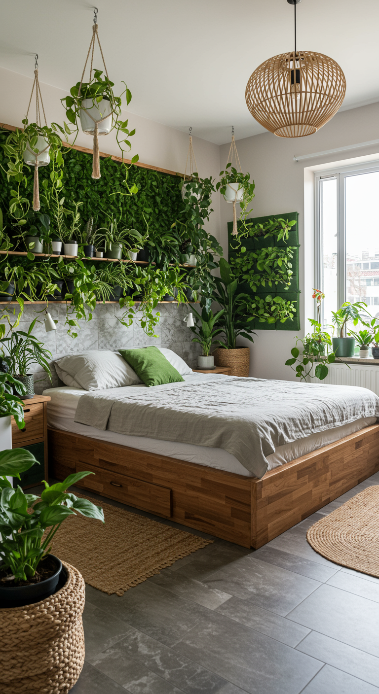 Slaapkamer met een muur vol planten, houten bed en natuurlijke materialen.