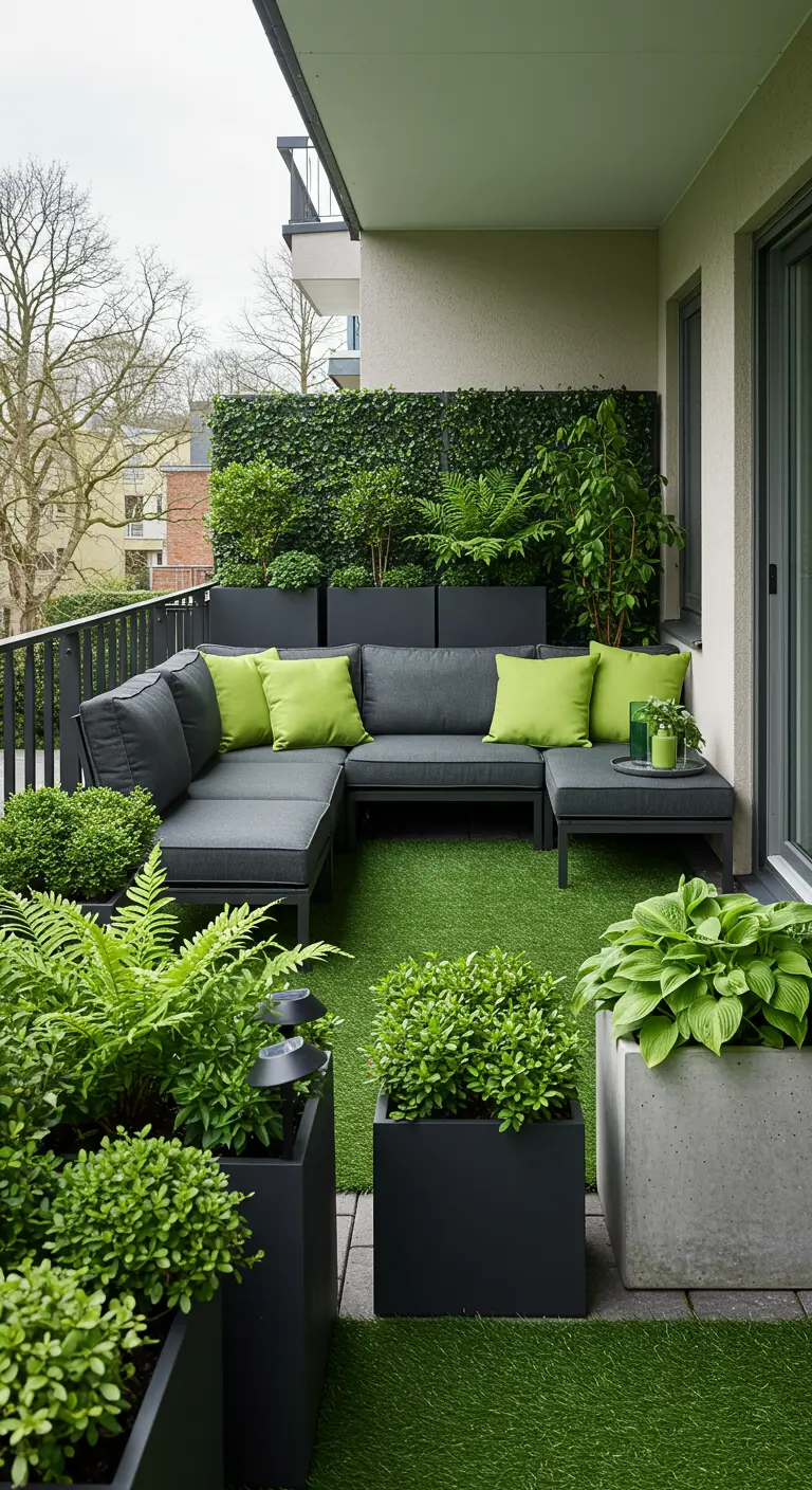 Modern balkon met antraciet loungeset, veel groene planten en kunstgras.