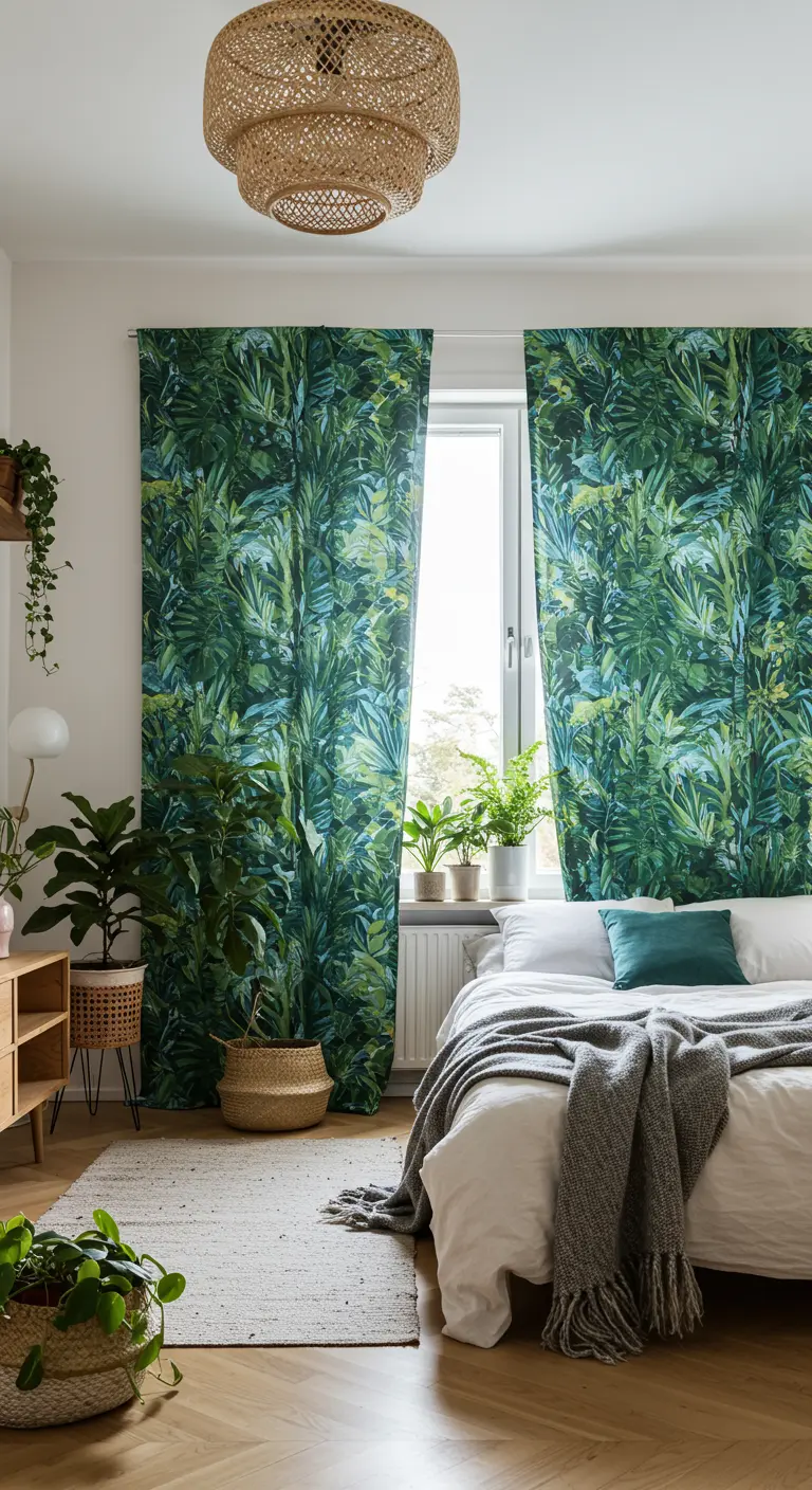 Slaapkamer vol planten met groene gordijnen met bladprint.