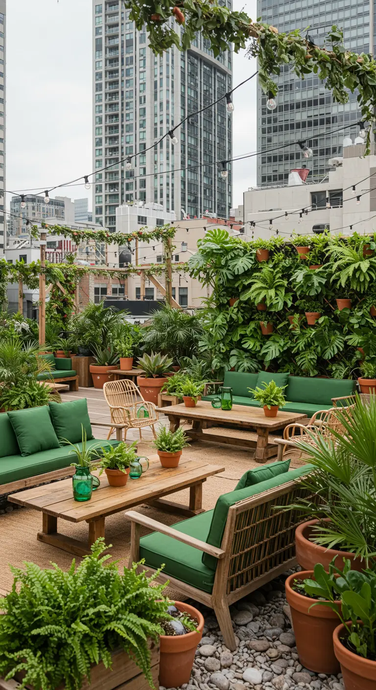 Dakterras met houten banken, groene kussens en een overvloed aan planten.
