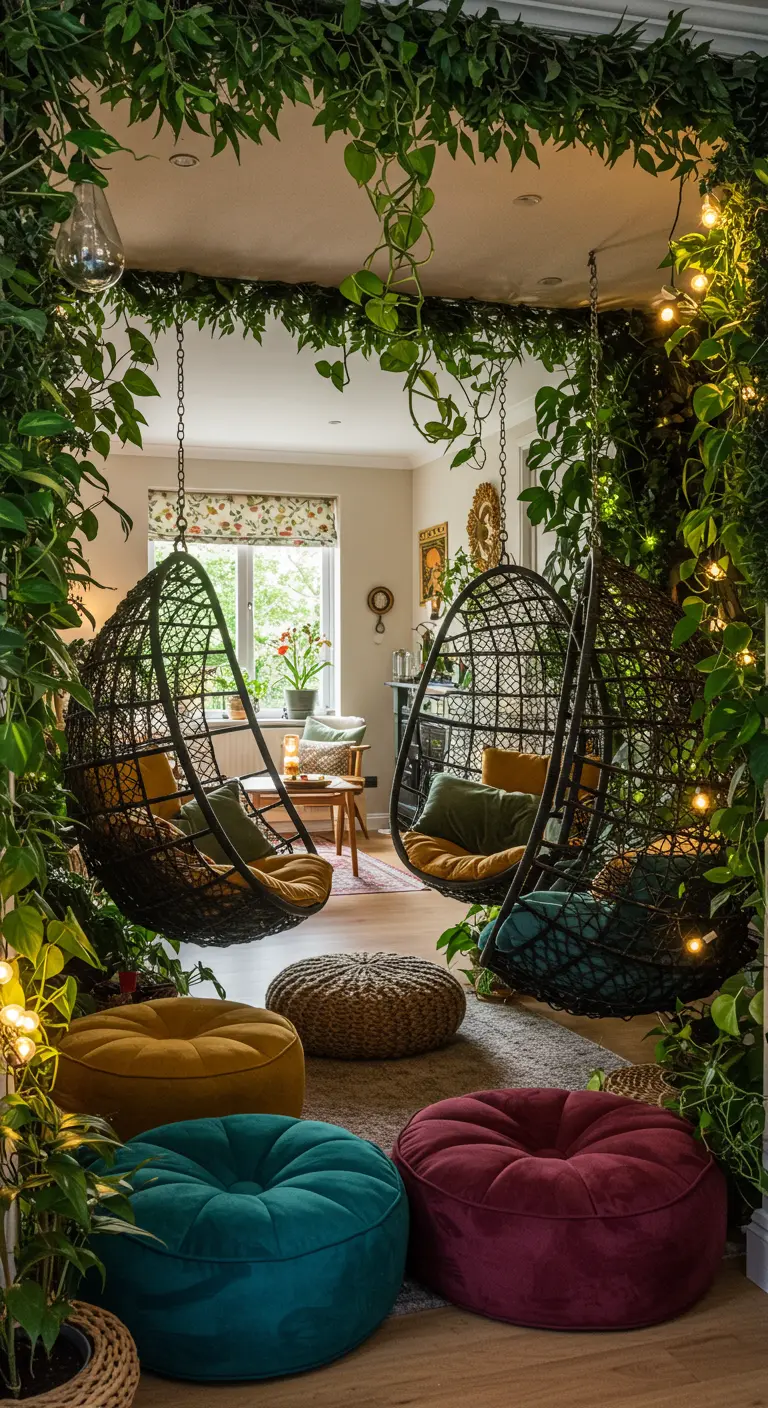 Bohemian zithoek met twee hangstoelen, veel planten, lichtslingers en kleurrijke poefs.