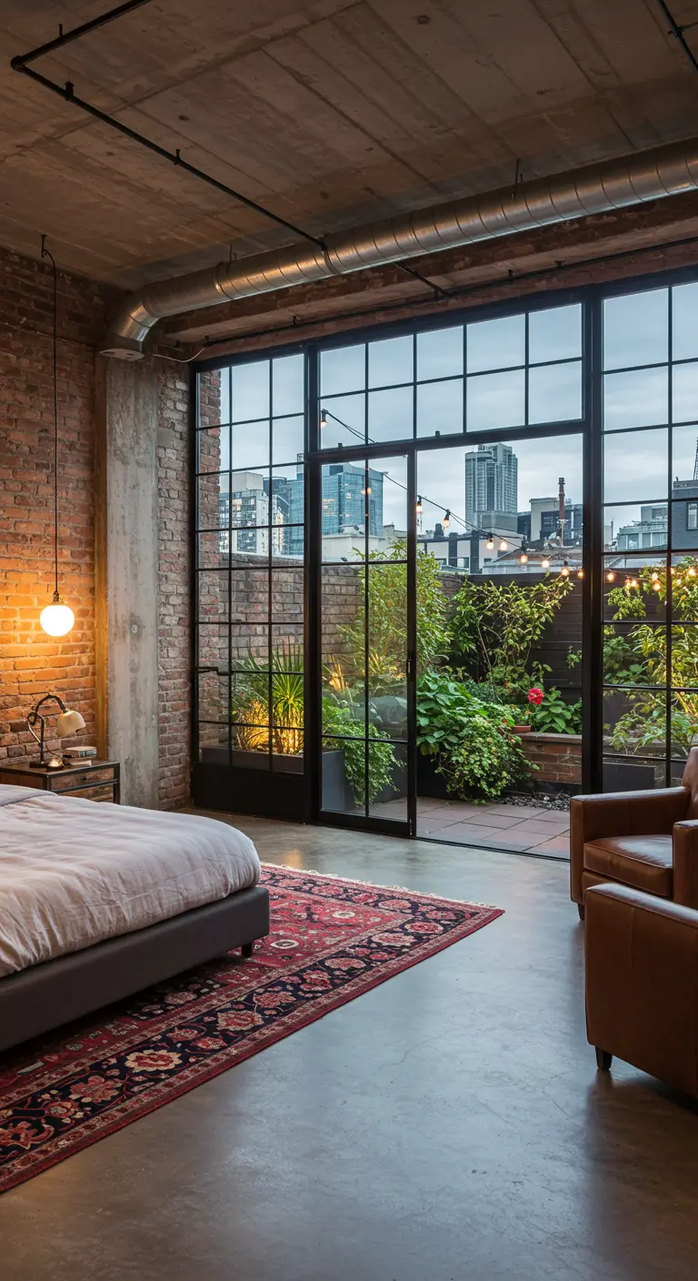 Industriële slaapkamer met bakstenen muur en uitzicht op een stadstuin.