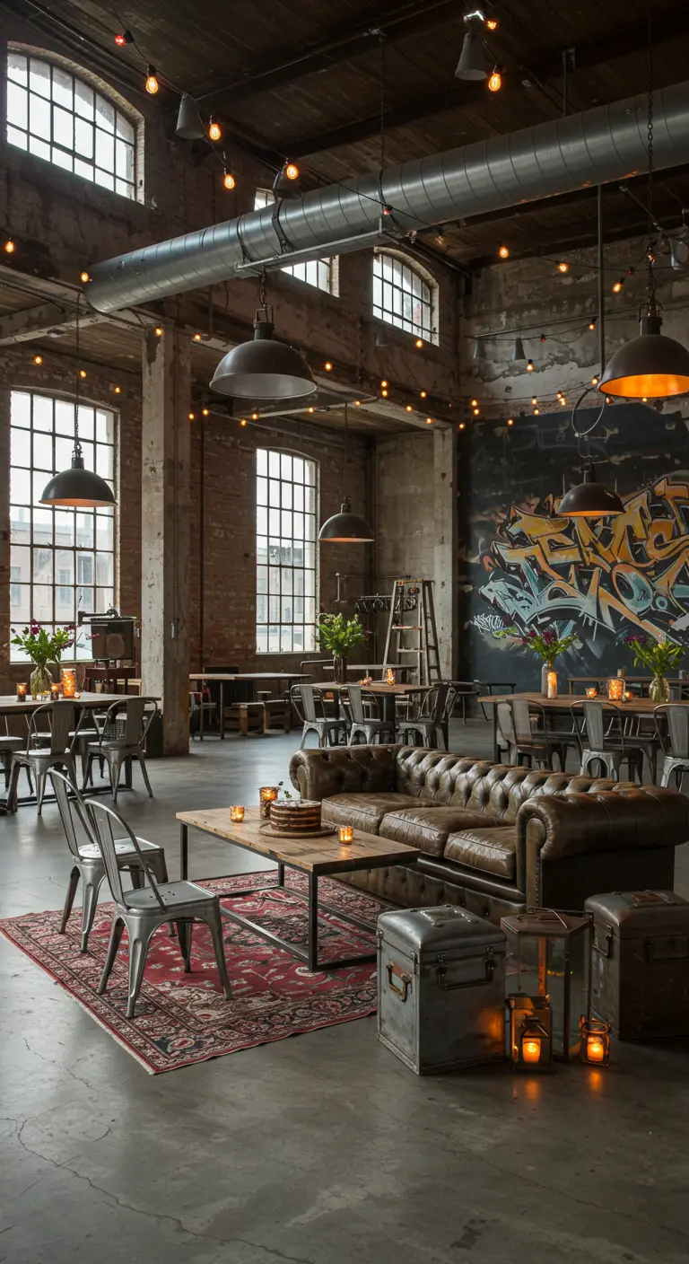 Industriële loft met graffiti, Chesterfield bank, vintage koffers en sfeervolle verlichting.
