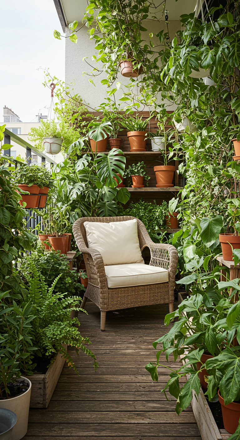 Balkon vol groene planten in potten en aan de muur, met een rotan stoel.