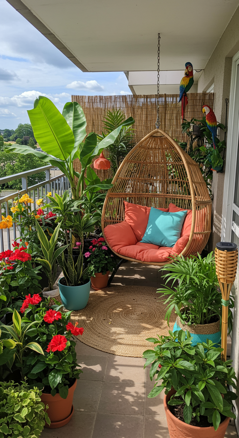 Rotan hangstoel op balkon omringd door tropische planten en kleurrijke kussens.