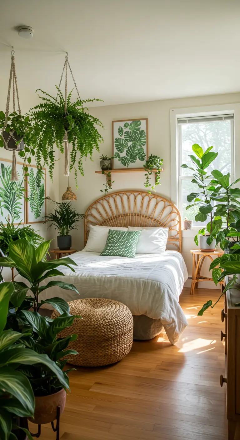 Urban jungle slaapkamer met veel planten, rotan hoofdbord en een grote rotan poef.