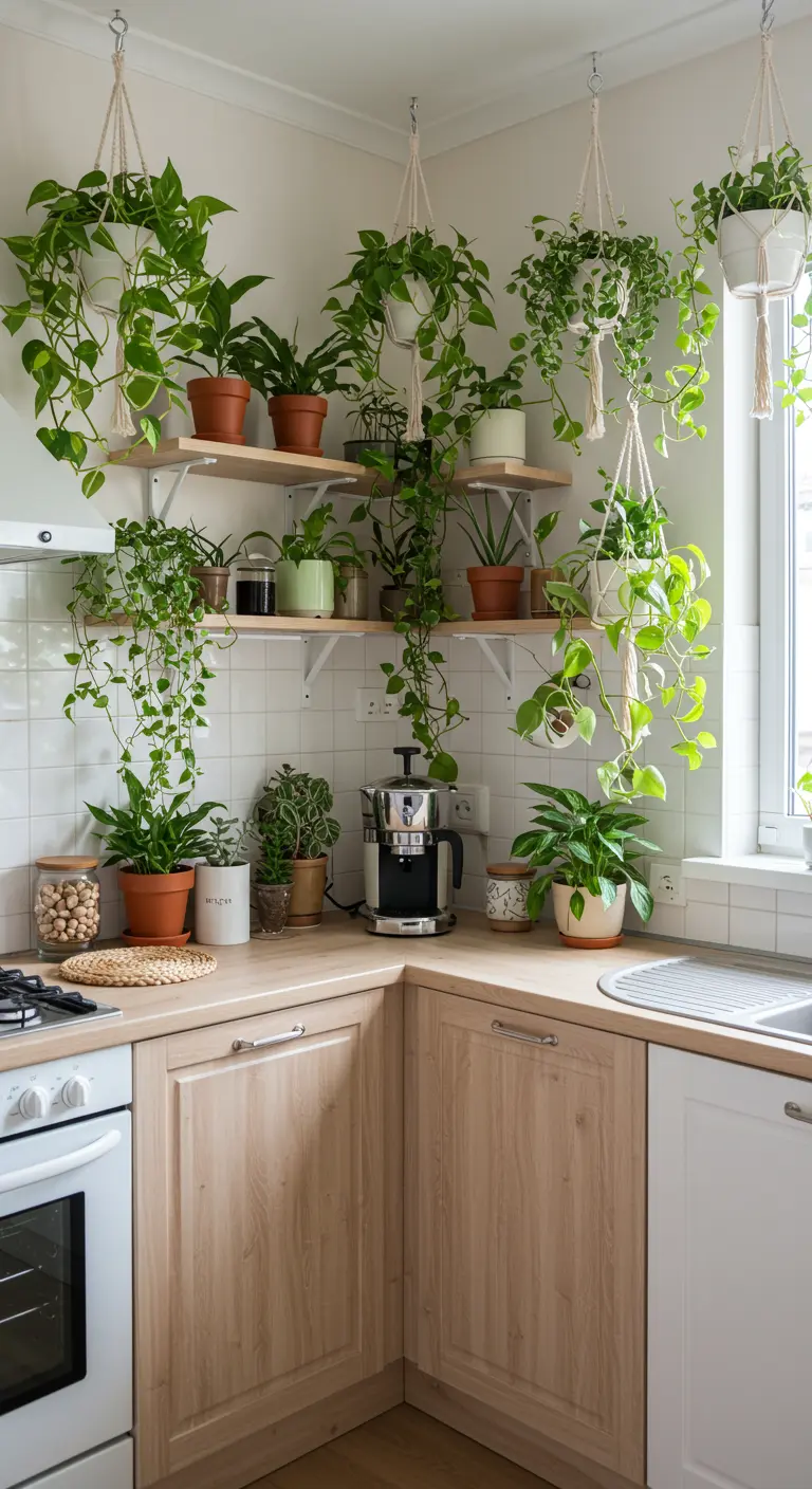 Koffiecorner met veel hangplanten en planten op planken, een echte urban jungle.