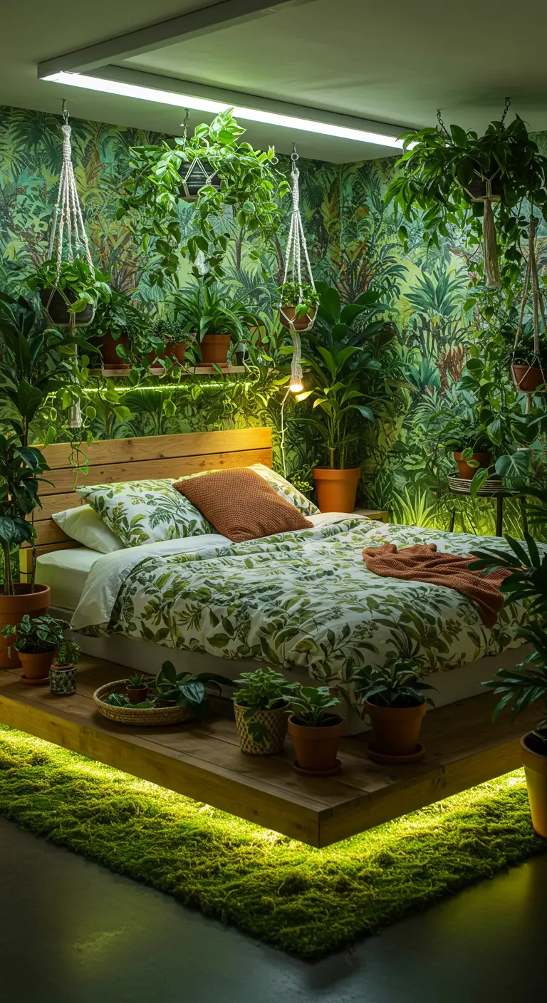 Slaapkamer vol planten (urban jungle) met een houten bed en groene LED-verlichting eronder.