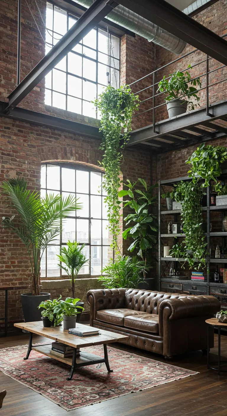 Industriële loft met bakstenen muren en veel groene planten, hangend en staand.