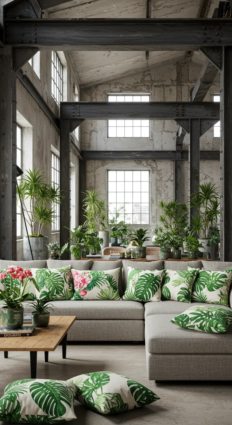 Industriële loft met grijze hoekbank en veel kussens met groene tropische bladprints.