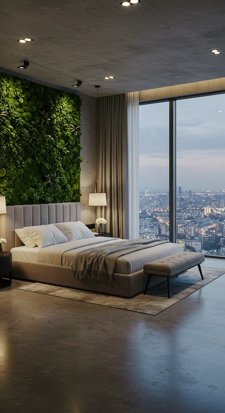 Luxe slaapkamer met betonvloer, groene plantenwand en uitzicht op de stad.