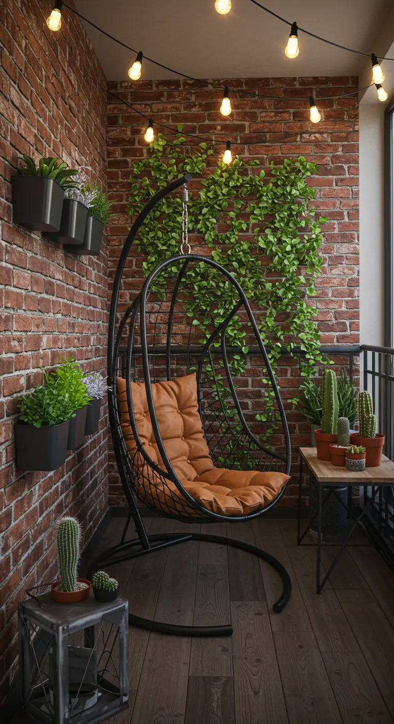 Zwarte hangstoel met standaard op balkon met bakstenen muur en groene plantenwand.