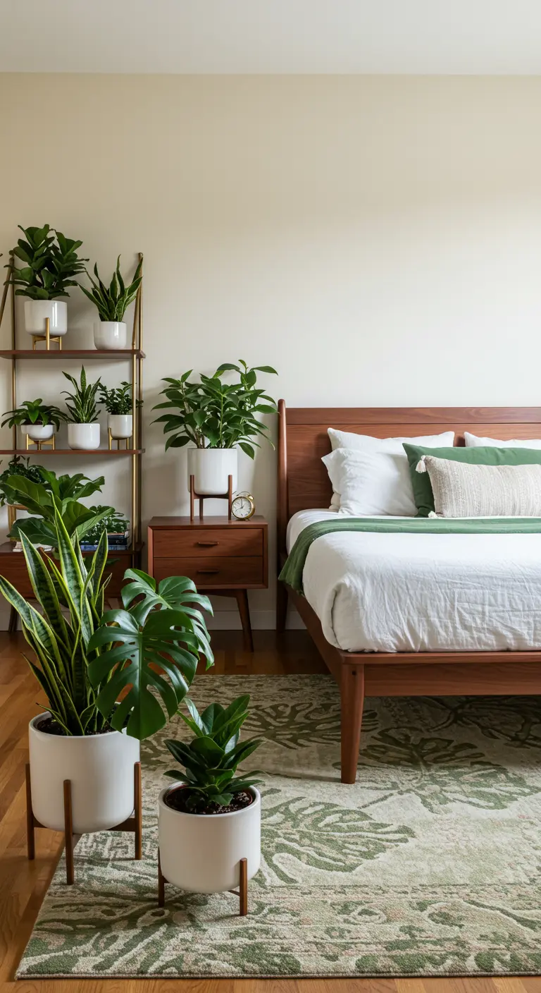 Slaapkamer met walnoothouten bed, veel groene planten en vloerkleed met botanisch patroon.