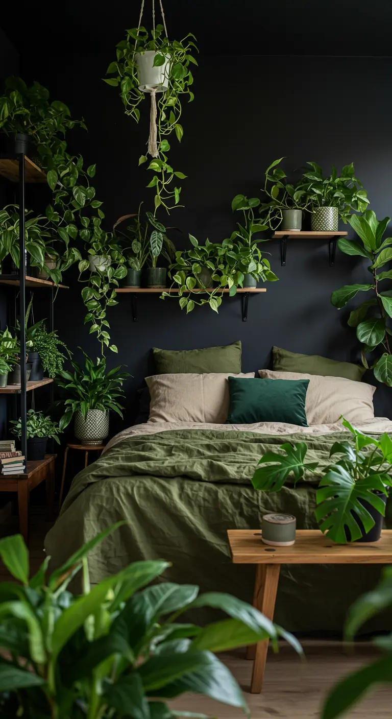 Slaapkamer met zwarte muur, veel groene planten op planken en rond het bed.