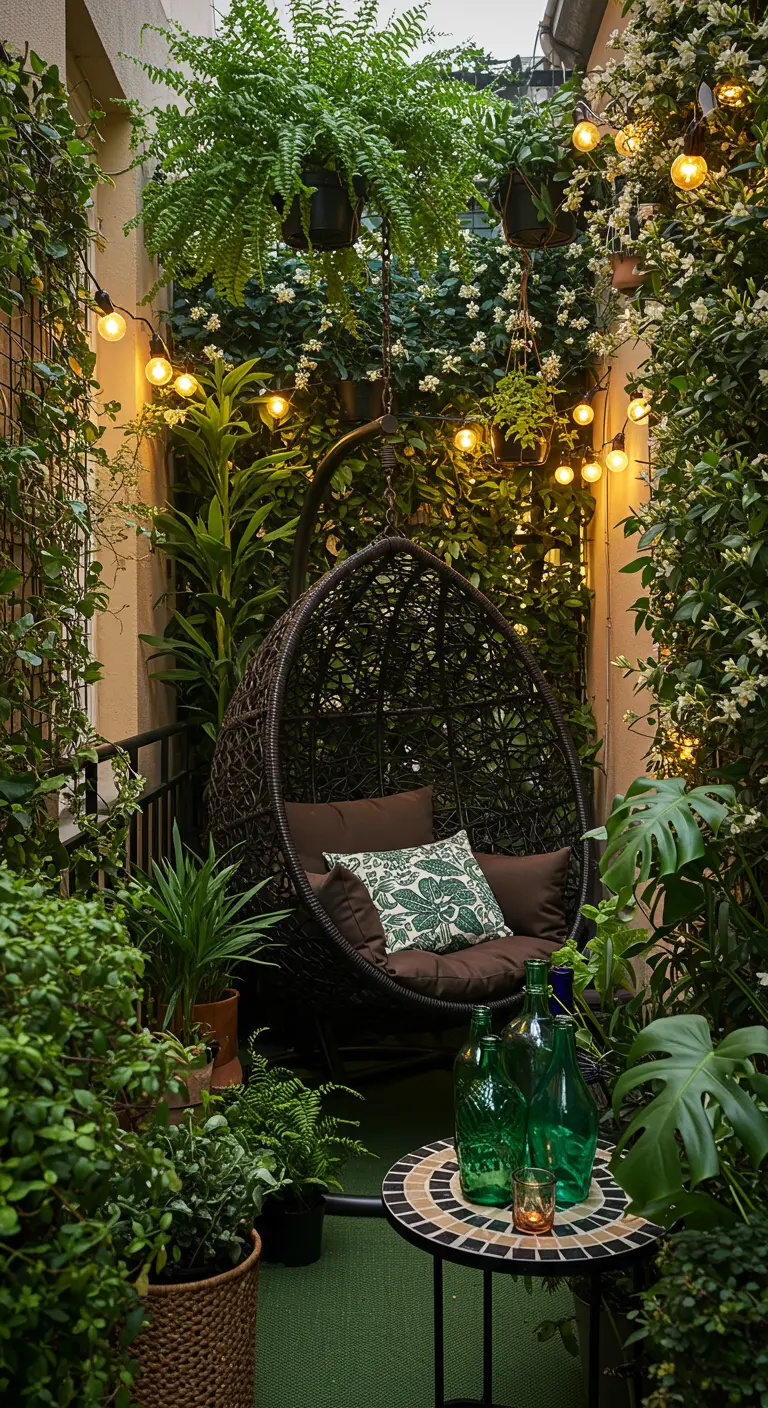 Donkere ei-hangstoel op smal balkon, omringd door weelderige planten en een lichtslinger.