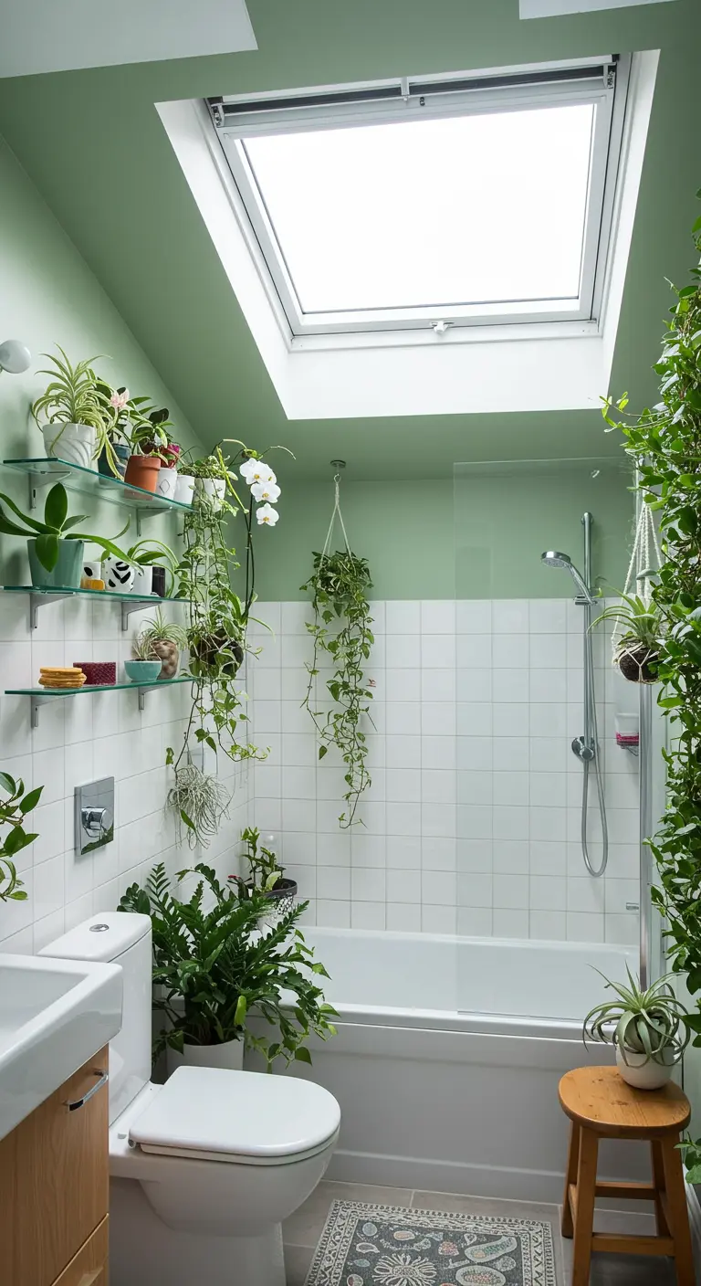 Lichte badkamer onder dakraam, vol met planten op glazen planken.