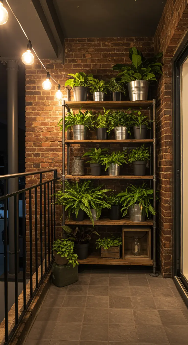 Industrieel plantenrek van metalen buizen en hout tegen bakstenen muur vol groene planten.