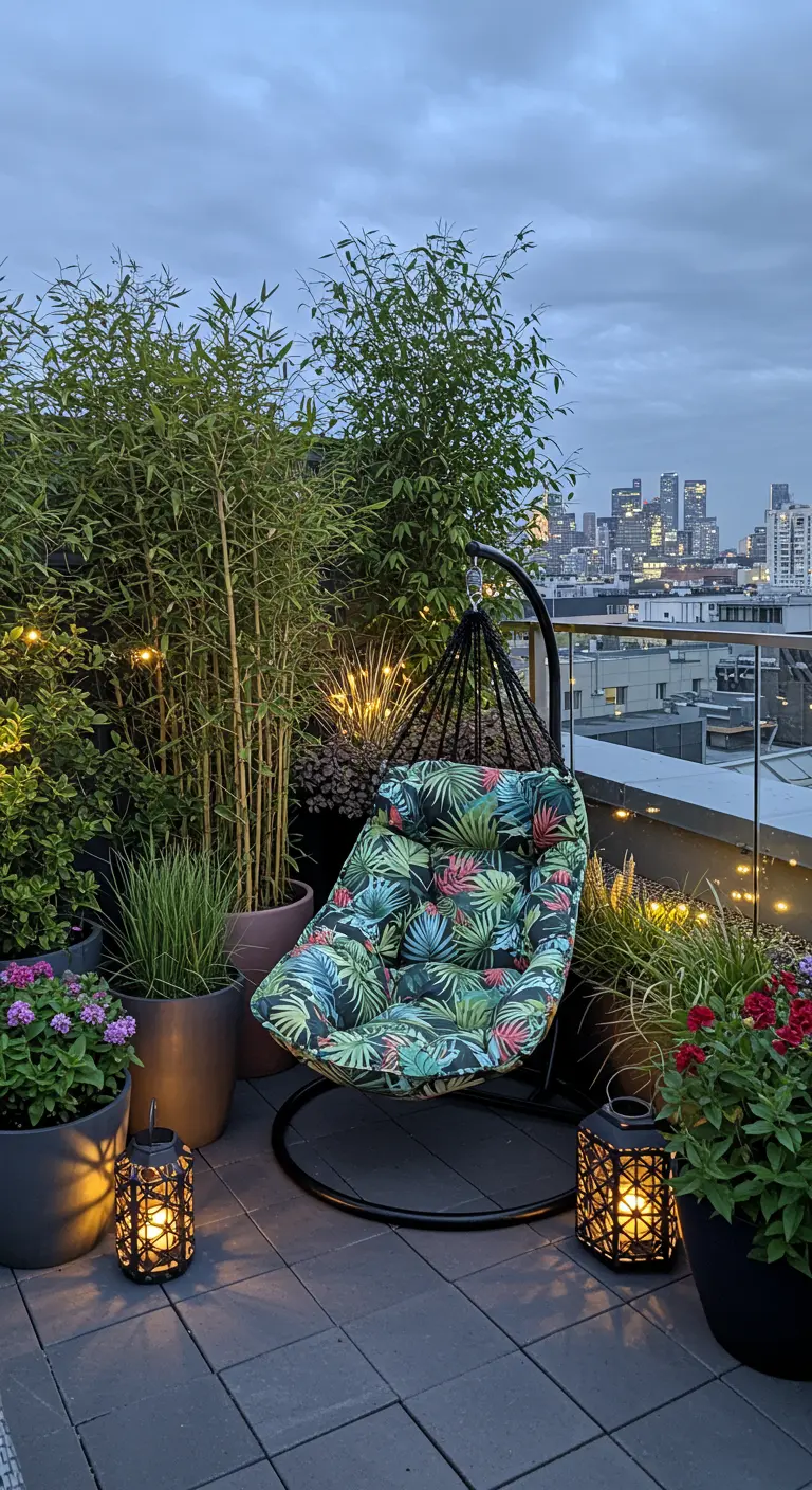 Dakterras met donkere hangstoel, bamboe, diverse planten en lantaarns met stadszicht.