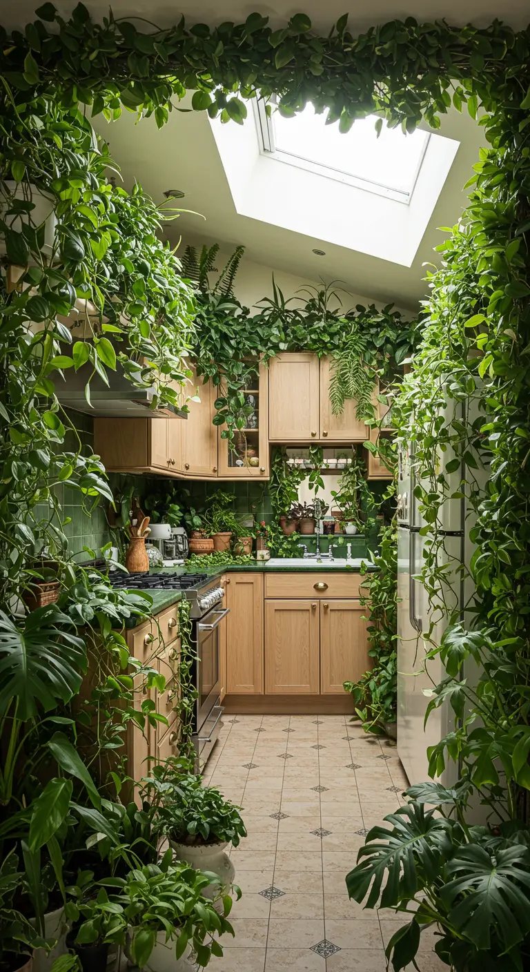 Keuken vol met planten van plafond tot vloer, een echte urban jungle.