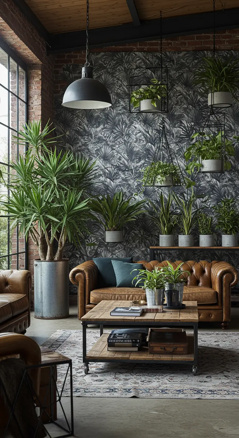 Urban jungle woonkamer met donker behang, leren bank en veel planten in grijze potten.