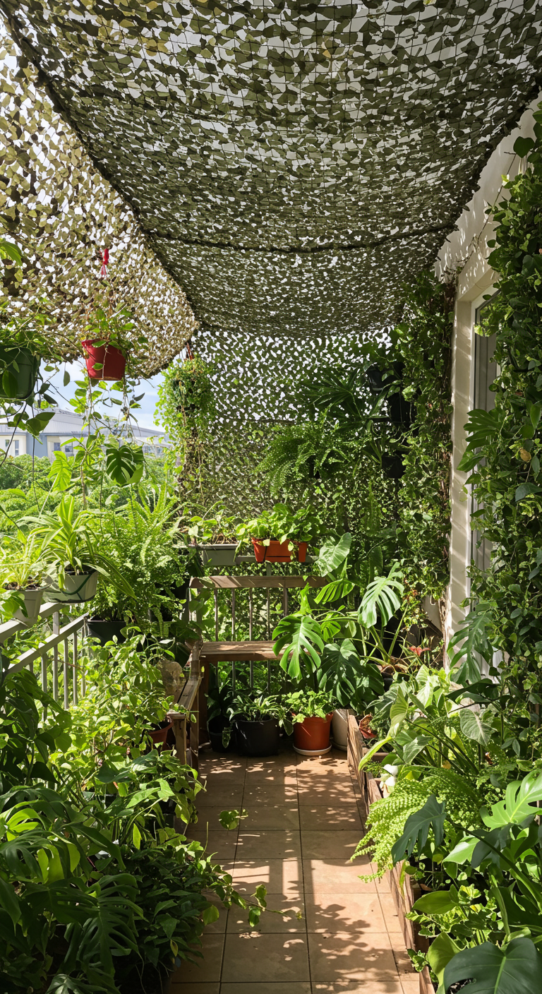 Balkon overdekt met een camouflagenet en vol met groene hangplanten en potplanten.