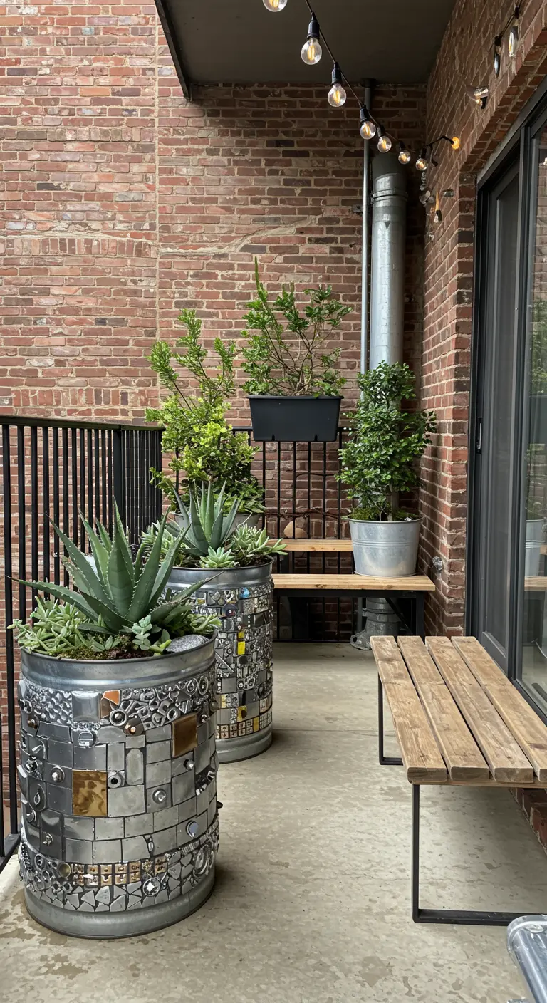 Grote zinken potten met metaalmozaïek en vetplanten op een industrieel balkon.