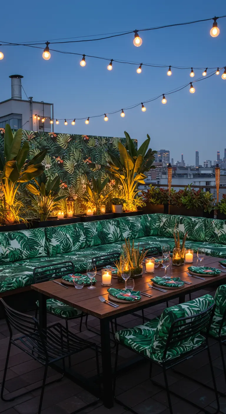 Dakterras 's avonds met palmbladprint kussens, lichtslingers en gedekte tafel.