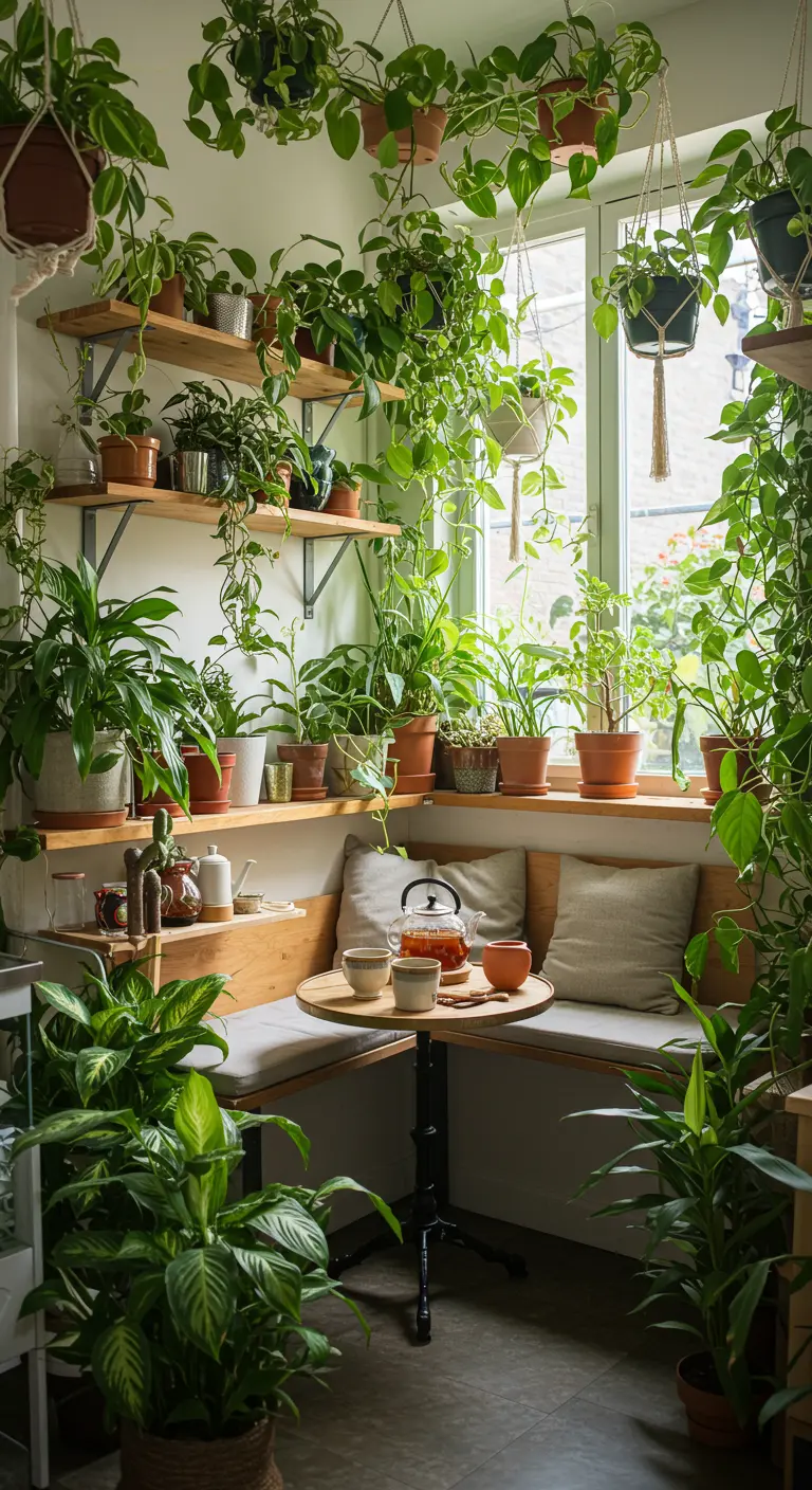 Theehoek met hoekbank omringd door een overvloed aan groene kamerplanten.