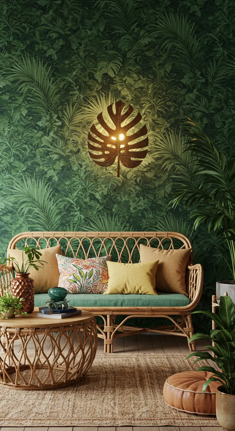 Tropisch interieur met botanisch behang en een metalen Monstera blad wandlamp.
