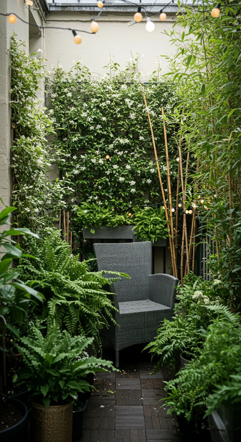 Donkere rieten stoel verscholen tussen varens, bamboe en klimplanten op een smal balkon.