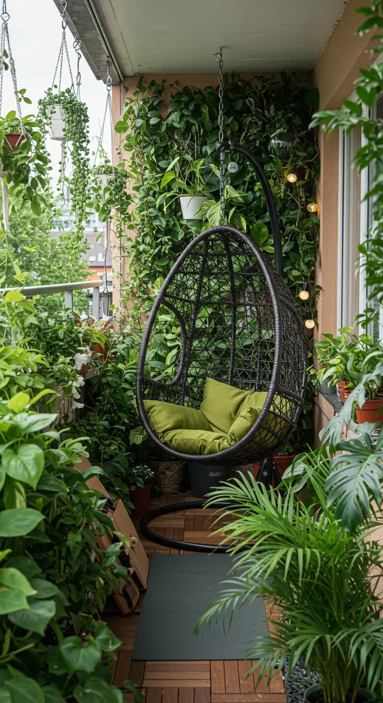 Zwarte hangstoel op smal balkon omringd door weelderige groene planten.