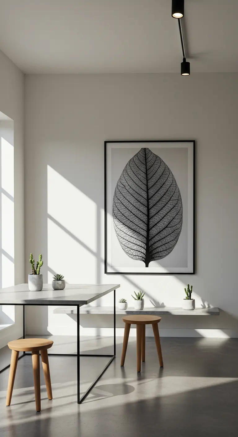 Kleine keuken met witte muren, houten tafel, grijze stoelen, verticale kruidentuin en een rotan hanglamp.