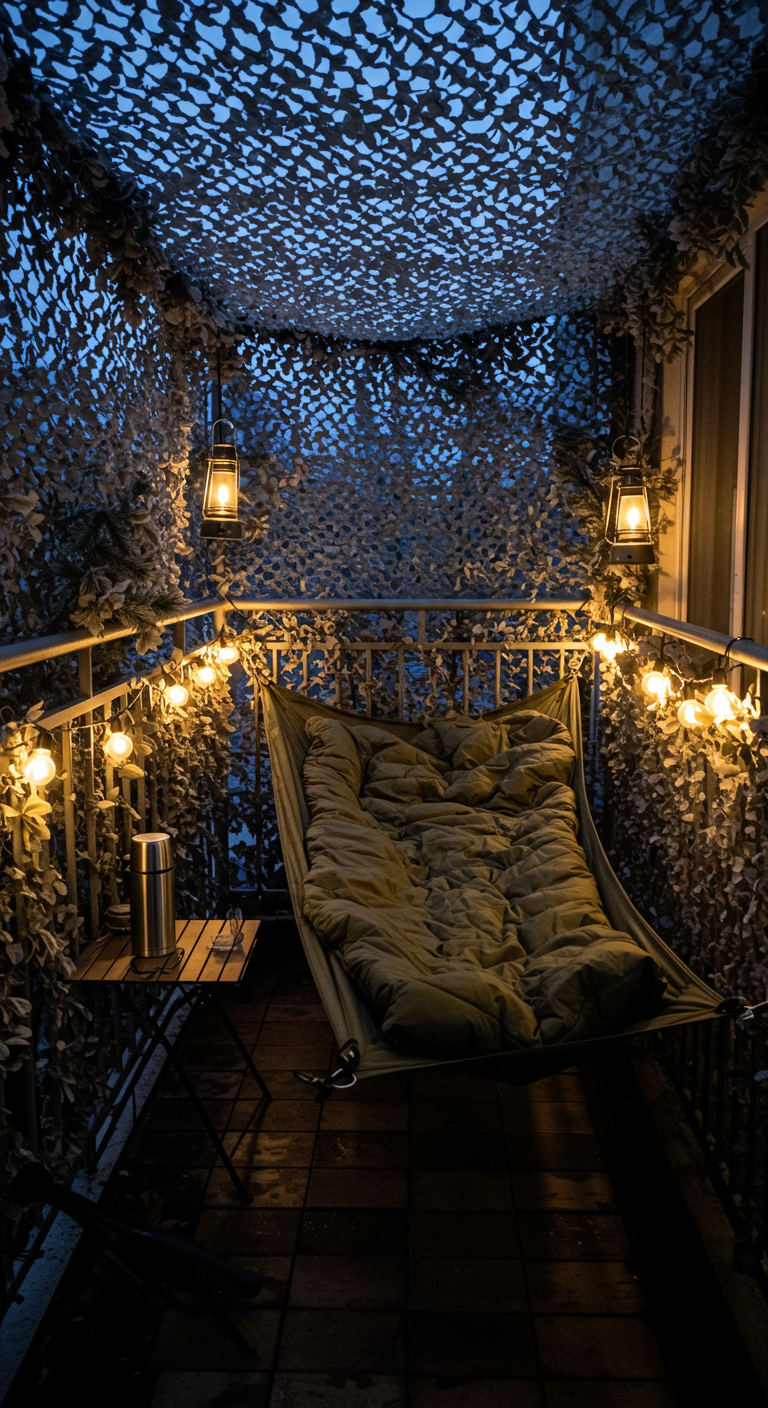 Smal balkon met hangmat onder camouflagenet, verlicht met lichtsnoer en lantaarns.