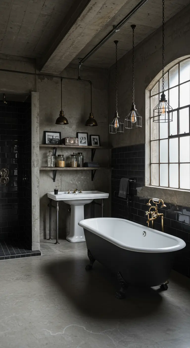 Industriële badkamer met beton, zwarte metrotegels en vrijstaand bad.