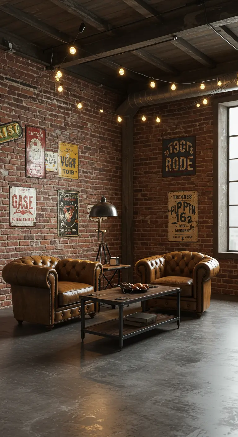 Industriële woonkamerhoek met bakstenen muur, leren chesterfields en vintage metalen borden.