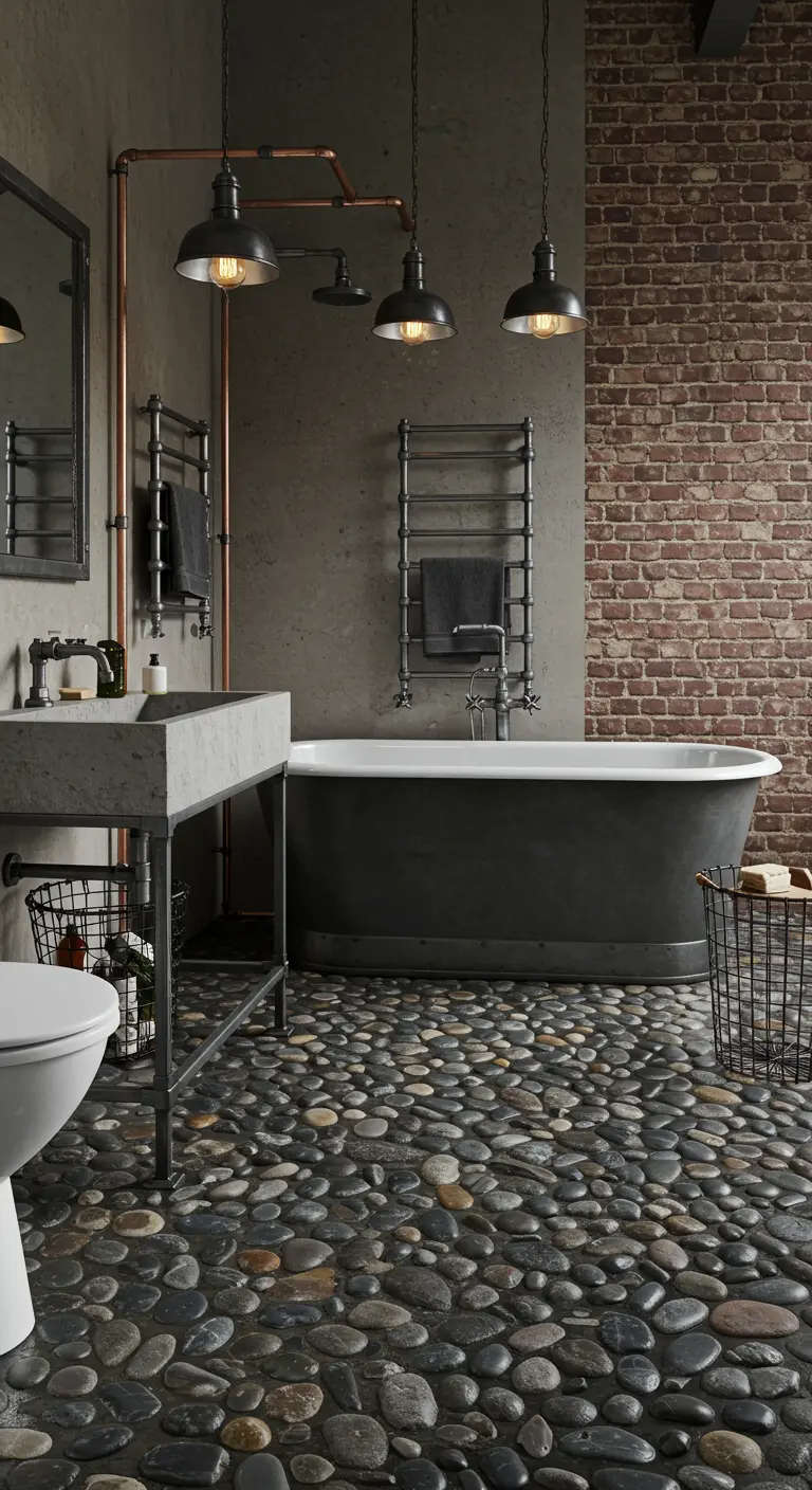 Industriële badkamer met kiezelvloer, bakstenen muur en koperen leidingen.