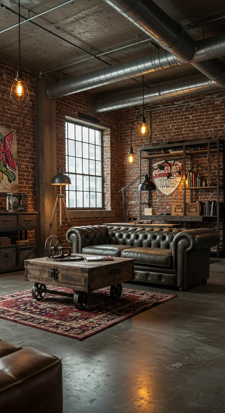 Industriële woonkamer met leren chesterfield, bakstenen muur en metalen elementen.