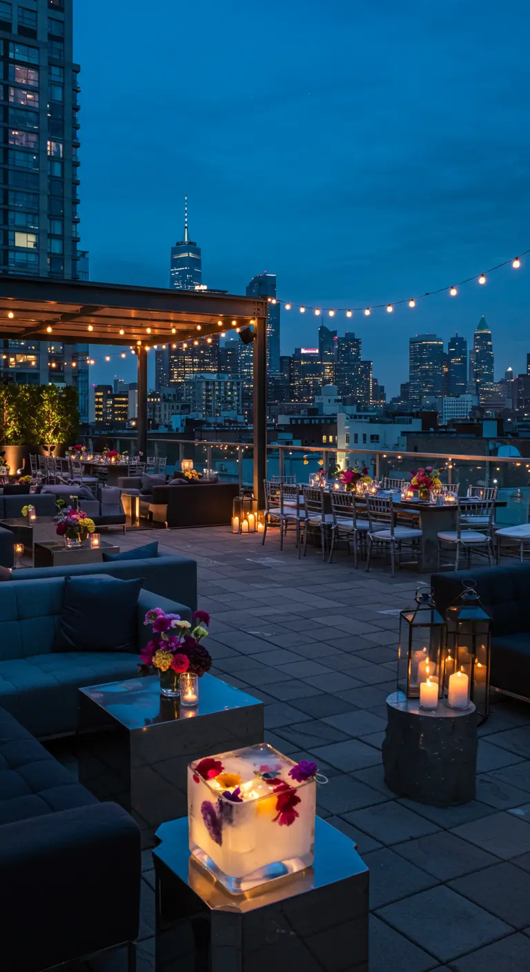 Rooftop lounge met uitzicht op skyline, lantaarns en een ijsblok met ingevroren bloemen.